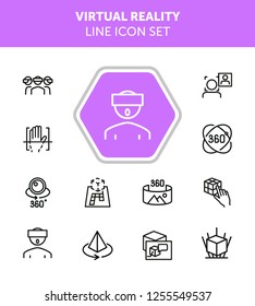 Virtual reality line icon set. Helmet, panorama, camera. Modern technology concept. Can be used for topics like augment reality, artificial intelligence, entertainment