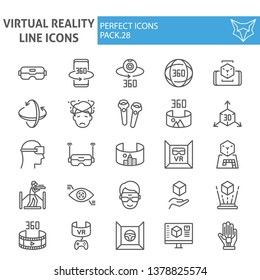 Virtual reality line icon set, augmented reality symbols collection, vector sketches, logo illustrations, game simulation signs linear pictograms package isolated on white background, eps 10.