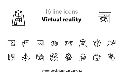 Virtual reality line icon set. Helmet, panorama, camera. Modern technology concept. Can be used for topics like augment reality, artificial intelligence, entertainment
