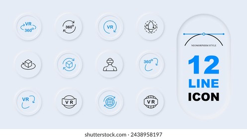 Virtual reality line icon set. VR helmet, Internet, 360 degrees, technology, volume, third space, computer games. Neomorphism style. Vector line icon for Business