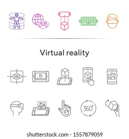 Virtual reality line icons. 360 degrees, robotic hand, 3D modeling. Virtual reality concept. Vector illustration can be used for topics like VR, modern technologies, inventions