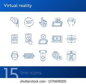 Virtual reality line icons. 360 degrees, robotic hand, 3D modeling. Virtual reality concept. Vector illustration can be used for topics like VR, modern technologies, inventions