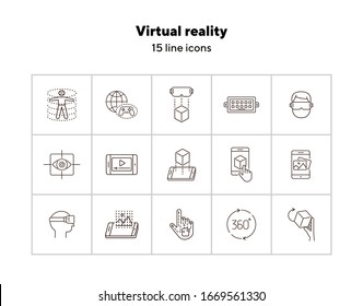 Virtual reality line icons. 360 degrees, robotic hand, 3D modeling. Virtual reality concept. Vector illustration can be used for topics like VR, modern technologies, inventions