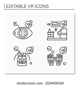 Virtual Reality Line Icons Set. Haptic Gloves, Suit, Eye Tap. VR Interior Design. Modern Technology Concept. Isolated Vector Illustrations. Editable Stroke