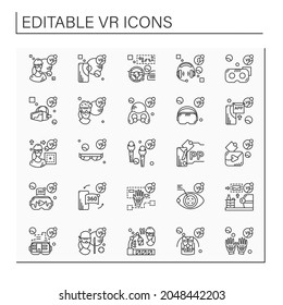 Symbole für virtuelle Realität. Besteht aus Spielplatz, haptischen Handschuhen und Anzug, Headset Computer, Anwendungen etc. Modernes Technologiekonzept. Einzige Vektorgrafiken. Bearbeitbarer Hub