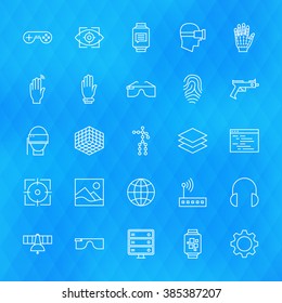 Virtual Reality Line Icons Set over Polygonal Background. Vector Set of Modern Technology Thin Line Icons of Augmented Reality gadgets over Blue Background.