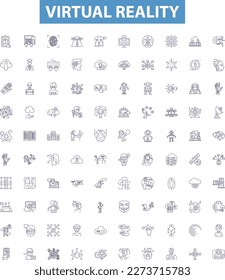 Virtual reality line icons, signs set. Virtual, Reality, Augmented, Simulation, 3D, Immersive, headset, VR, Experiences outline vector illustrations.