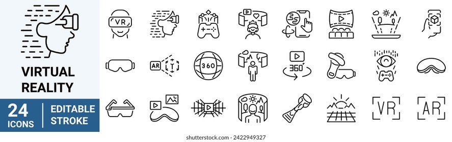 iconos de la línea de realidad virtual, realidad aumentada. Trazo editable. Ilustración del vector