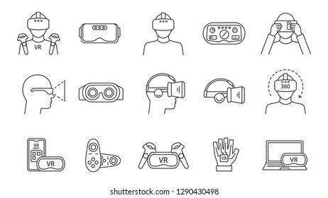 Virtual reality linear icons set. Thin line contour symbols. VR games, apps, headset, controllers, players. Virtual reality devices. Isolated vector outline illustrations. Editable stroke