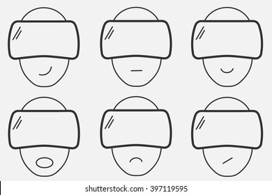 Virtual reality linear icons. VR icons vector. VR linear illustration. Head with Virtual Veality glasses. Different emotions