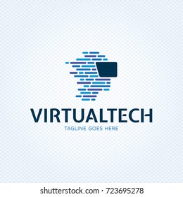 Virtual Reality logo design template. Vector VR logotype illustration with electronic 3d glasses headset. Graphic cyber space technology and games device icon symbol. Head mounted display emblem