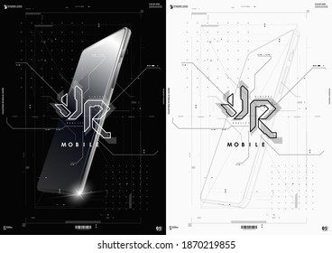 Virtual Reality logo with hud elements. Futuristic abstract template with smartphone for web and app. Tech concept layout.