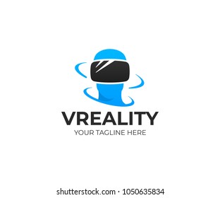 Virtual reality logo template. Innovation technologies vector design. VR glasses and human face logotype