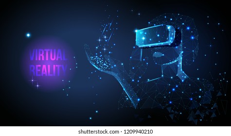Virtual reality low poly illustration. Girl wearing virtual reality glasses. Abstract vr world with wireframe glasses.  Polygonal wireframe mesh art, low poly