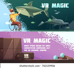 Virtual reality magic 2 horizontal cartoon banners with gaming accessories and VR underwater experience isolated vector illustration 