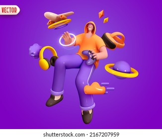 Virtual reality Man Gamer hands holding gaming console controller. Concept of cartoon style character in metaverse. Happy people positive emotions. Human happiness smile on face. vector illustration - Shutterstock ID 2167207959