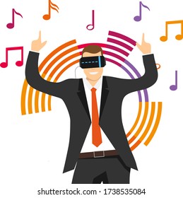 The virtual reality. A man in a virtual reality helmet listens to music. Vector illustration. Vector.