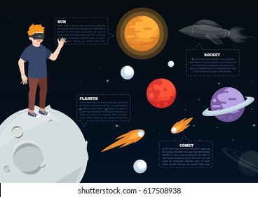 Virtual Reality, Man playing with Virtual Reality in Space Flat Vector