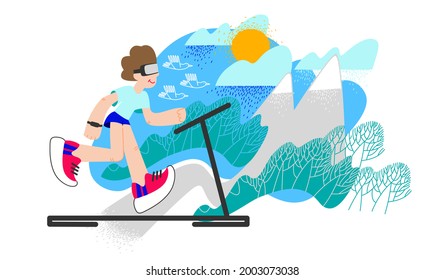 Virtual reality. Man running on treadmill. VR athletic training, sportsman interactive entertainment. Real experience of outdoor location, nature view sport simulator. Cartoon vector illustration.