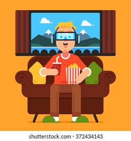 Virtual reality. Man sitting in an armchair and watching a movie using vr headset. Vector flat illustration.