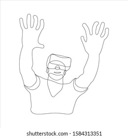 Virtual reality: man with VR glasses. Black outline on white background. Picture can be used in greeting cards, posters, flyers, banners, logo, further design etc. Vector illustration. EPS10