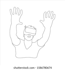 Virtual reality: man with VR glasses. Black outline on white background. Picture can be used in greeting cards, posters, flyers, banners, logo, further design etc. Vector illustration. EPS10