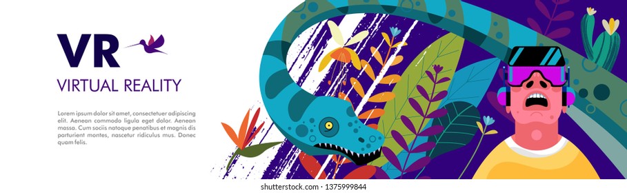 Virtual reality. A man wearing virtual reality glasses in the Mesozoic jungle. Adventures among dinosaurs and snakes. Vector illustration.