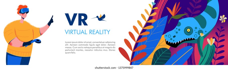 Virtual reality. A man wearing virtual reality glasses in the Mesozoic jungle. Adventures among dinosaurs and snakes. Vector illustration.