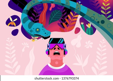 Virtual reality. A man wearing virtual reality glasses in the Mesozoic jungle. Adventures among dinosaurs and snakes. Vector illustration.