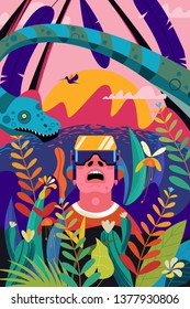 Virtual reality. A man wearing virtual reality glasses in the Mesozoic jungle. Adventures among dinosaurs and snakes. Vector illustration.