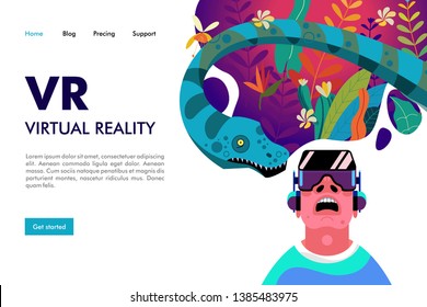 Virtual reality. A man wearing virtual reality glasses in the Mesozoic jungle. Adventures among dinosaurs and snakes. Vector illustration. Web header.