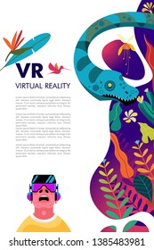 Virtual reality. A man wearing virtual reality glasses in the Mesozoic jungle. Adventures among dinosaurs and snakes. Vector illustration. There is space for text.