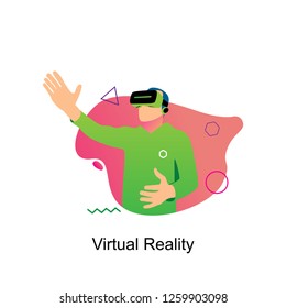Virtual Reality, man wearing VR headset while lifting right hand. Vector illustration