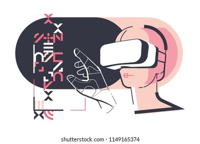 virtual reality, man working in virtual glasses and gloves, black and pink color