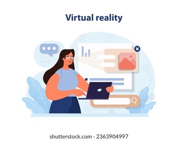 Virtual reality in marketing. VR futuristic technology. Digital promotion in cyberspace. Customer interacting with metaverse, marketplace application software. Flat vector illustration