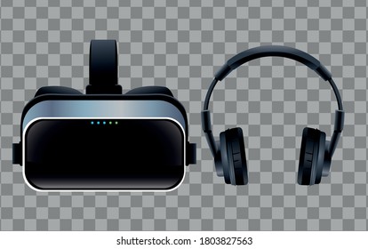 virtual reality mask and headset accessories with checkered background vector illustration design