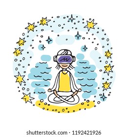 Virtual reality for meditation and relaxation. Girl with glasses of virtual reality. Design element for posters, banners or leaflets. VR concept for mental health.