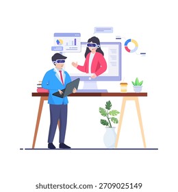 Realidad virtual de encuentro de colaboración y trabajo en equipo en la oficina.