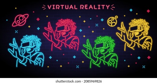 Realidad virtual y meta-verso con neón de luz brillante ilustración vectorial. Símbolos de neón de la tecnología futura