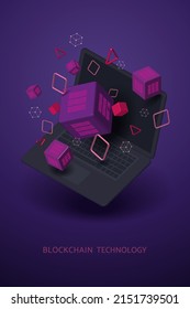 Virtual reality metaverse, blockchain technology for on laptop and digital devices future technology, landing page. 3d isometric vector illustration