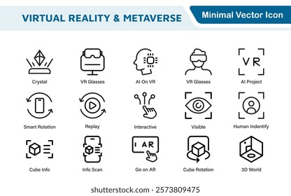 Virtual Reality and Metaverse Icon Set. A cutting-edge collection of icons designed to enhance immersive experiences, perfect for VR apps, gaming platforms, and digital worlds.