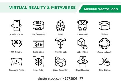 Virtual Reality and Metaverse Icon Set. A cutting-edge collection of icons designed to enhance immersive experiences, perfect for VR apps, gaming platforms, and digital worlds.