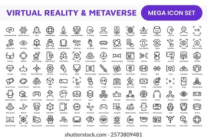 Virtual Reality and Metaverse Icon Set. A cutting-edge collection of icons designed to enhance immersive experiences, perfect for VR apps, gaming platforms, and digital worlds.