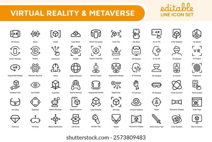 Virtual Reality and Metaverse Icon Set. A cutting-edge collection of icons designed to enhance immersive experiences, perfect for VR apps, gaming platforms, and digital worlds.