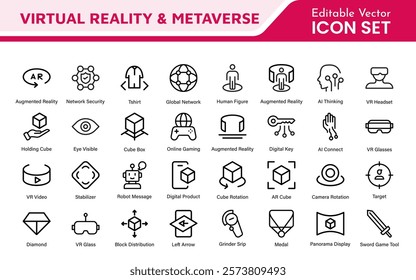 Virtual Reality and Metaverse Icon Set. A cutting-edge collection of icons designed to enhance immersive experiences, perfect for VR apps, gaming platforms, and digital worlds.