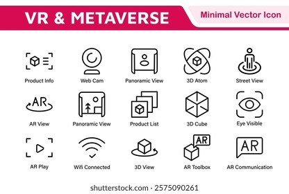 Virtual Reality and Metaverse Icon Set. A cutting-edge collection of icons designed to enhance immersive experiences, perfect for VR apps, gaming platforms, and digital worlds.