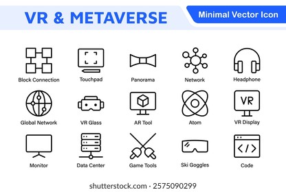 Virtual Reality and Metaverse Icon Set. A cutting-edge collection of icons designed to enhance immersive experiences, perfect for VR apps, gaming platforms, and digital worlds.