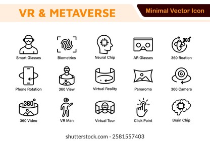 Virtual Reality and Metaverse Icon Set. A cutting-edge collection of icons designed to enhance immersive experiences, perfect for VR apps, gaming platforms, and digital worlds.