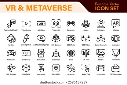Virtual Reality and Metaverse Icon Set. A cutting-edge collection of icons designed to enhance immersive experiences, perfect for VR apps, gaming platforms, and digital worlds.