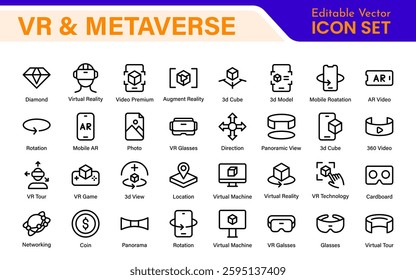 Virtual Reality and Metaverse Icon Set. A cutting-edge collection of icons designed to enhance immersive experiences, perfect for VR apps, gaming platforms, and digital worlds.